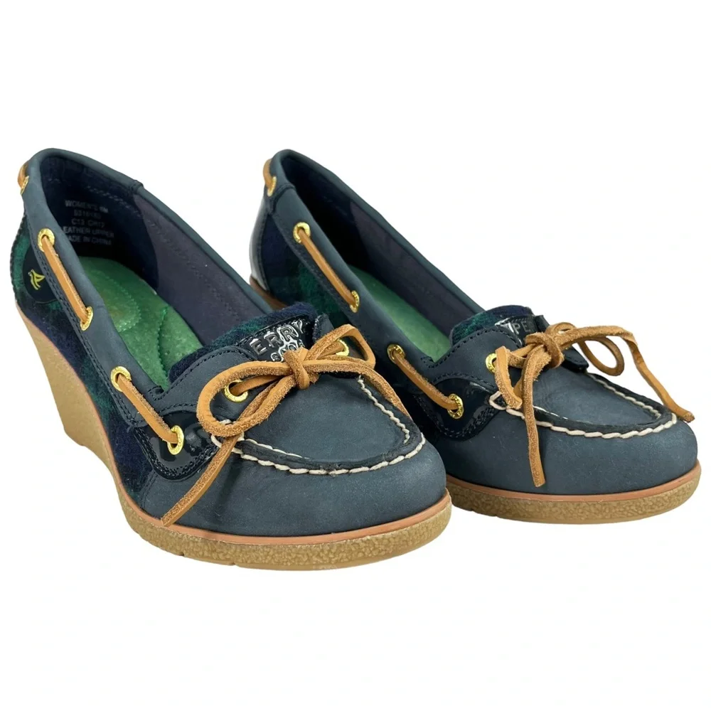 Sperry Top-Sider | Goldfish Navy & Green Plaid Wedge Heels Boat Shoes Women’s 6M